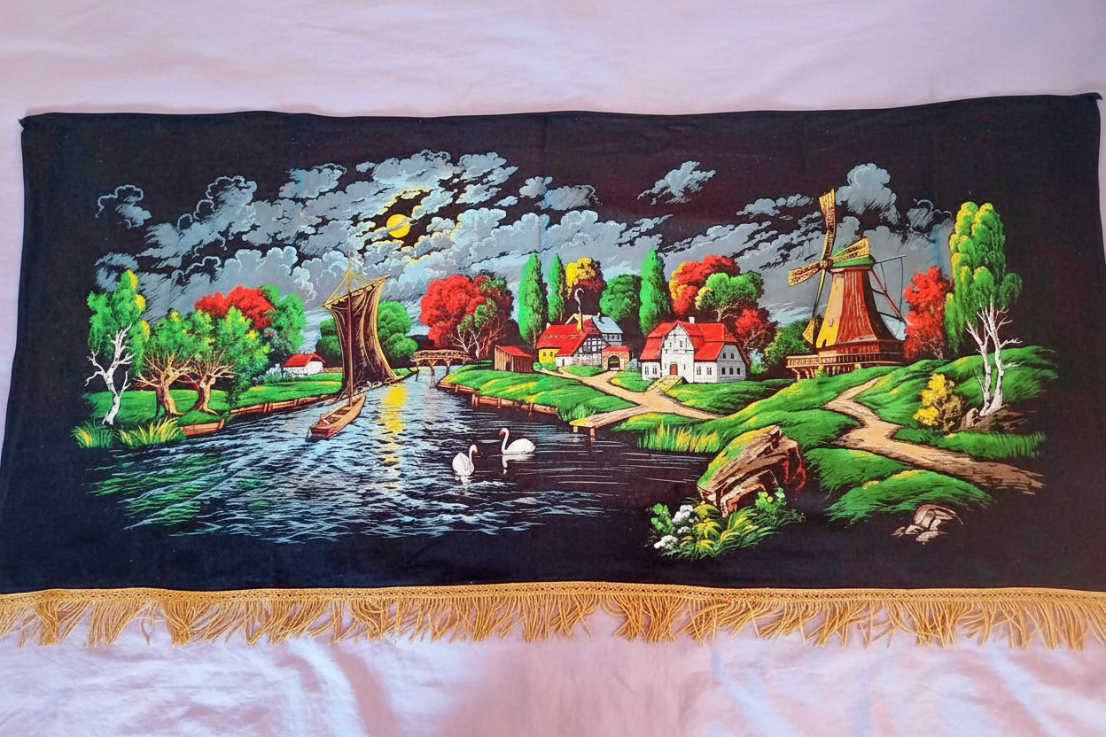 Vintage Textile Wall Painting — Dutch Landscape with Windmill & Swans, 1970s