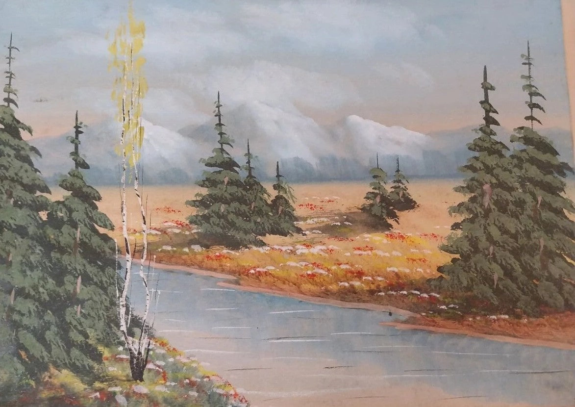 Vintage Oil Painting — Autumn Mountain Landscape with River