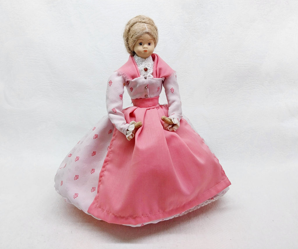 Vintage Handmade Burlap Doll with Ceramic Face — Pink Victorian Dress