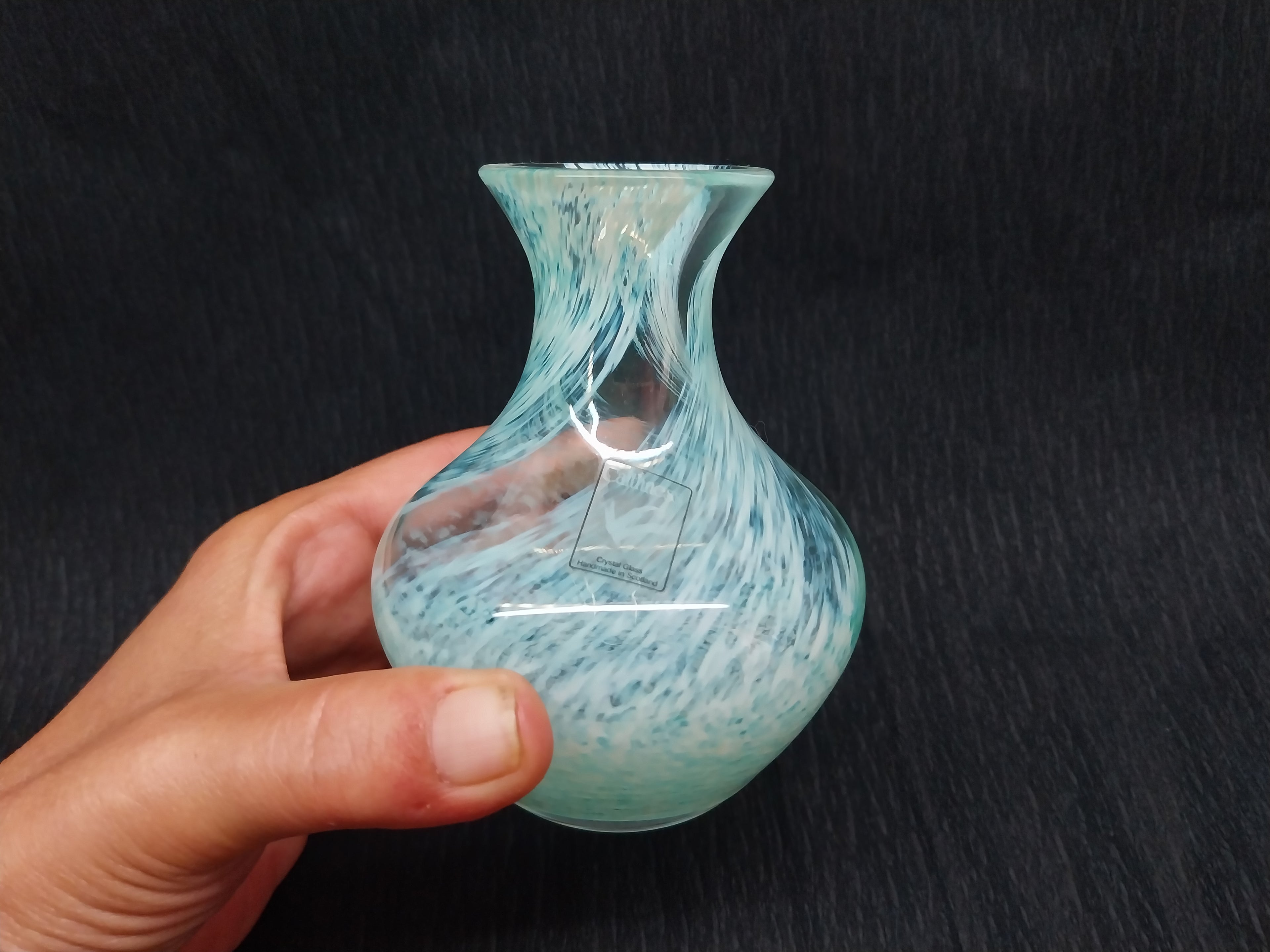 Scottish Handmade Art Glass Vase — Teal Swirl  - Vintage
