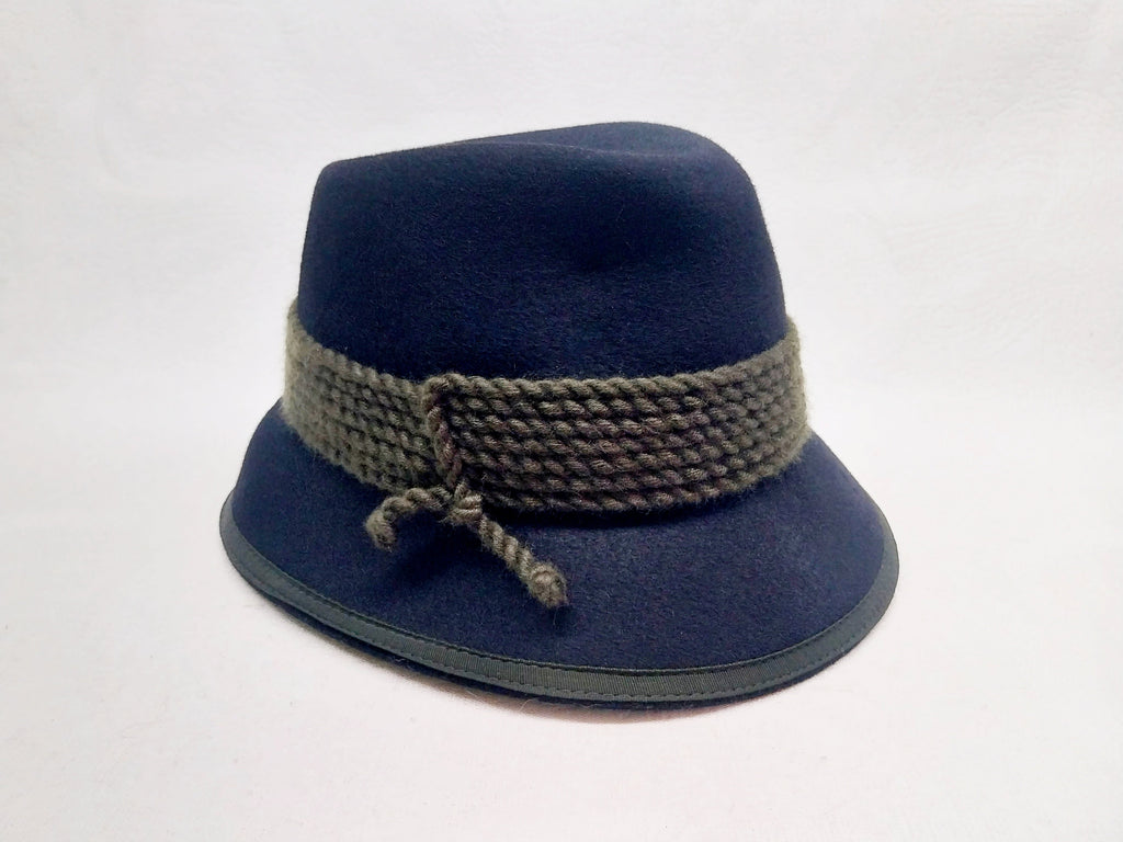 Vintage navy blue Tyrolean wool felt hat with olive braided cord band and tassel