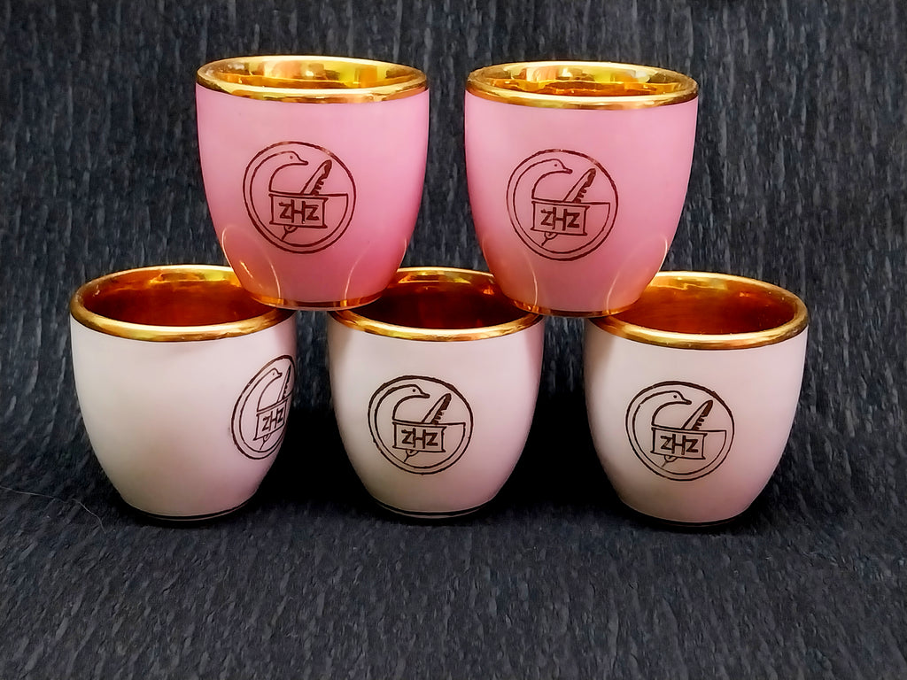 Set of 5 Vintage Pink & White Porcelain Liqueur Cups – Gold Interior, ZHZ Logo, JSK Mark
