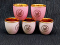 Set of 5 Vintage Pink & White Porcelain Liqueur Cups – Gold Interior, ZHZ Logo, JSK Mark