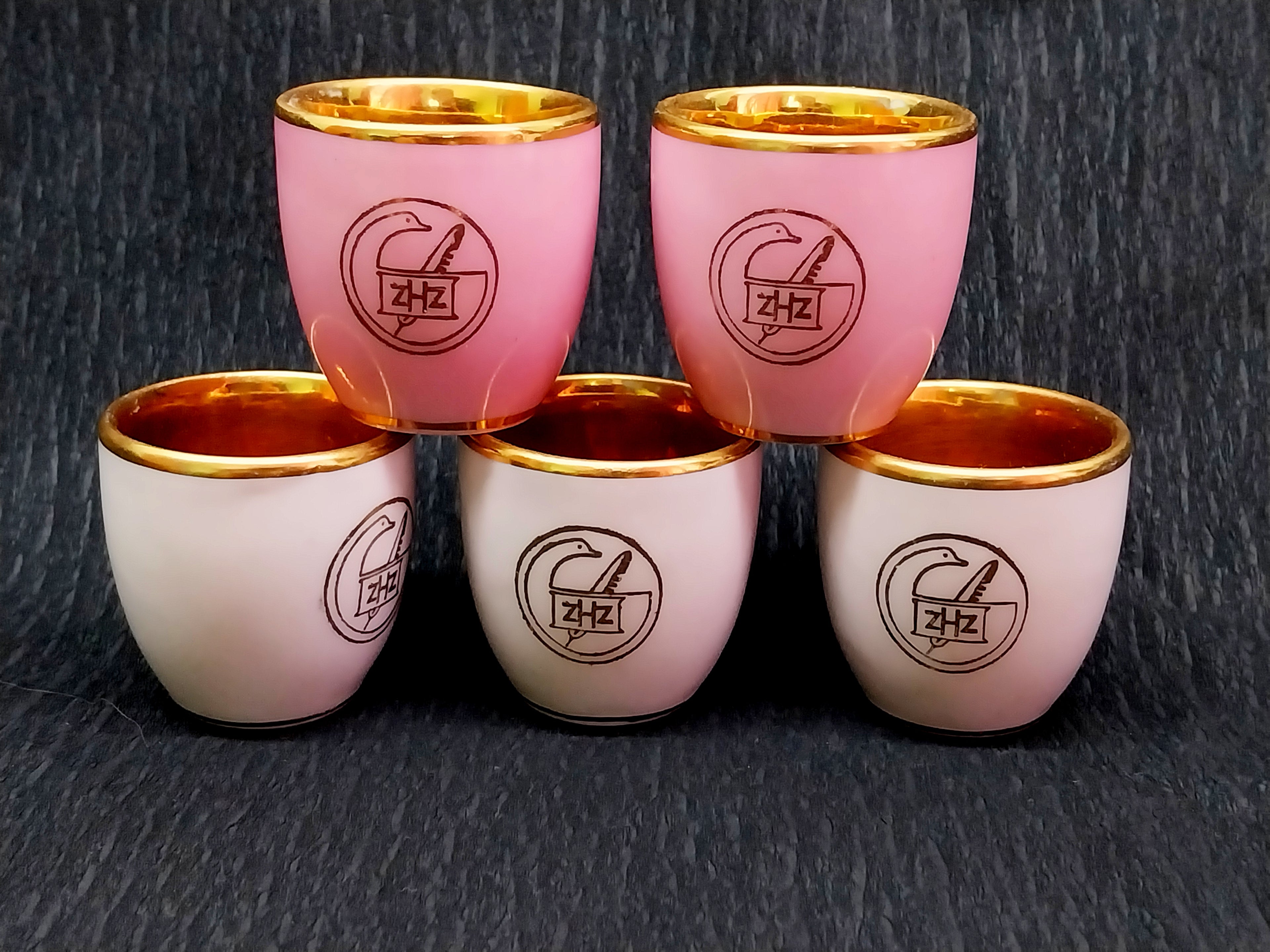 Set of 5 Vintage Pink & White Porcelain Liqueur Cups – Gold Interior, ZHZ Logo, JSK Mark