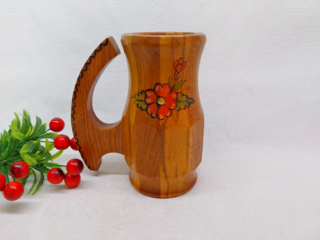 Vintage Handmade Wooden Beer Mug — Hand-painted Floral Folk Art