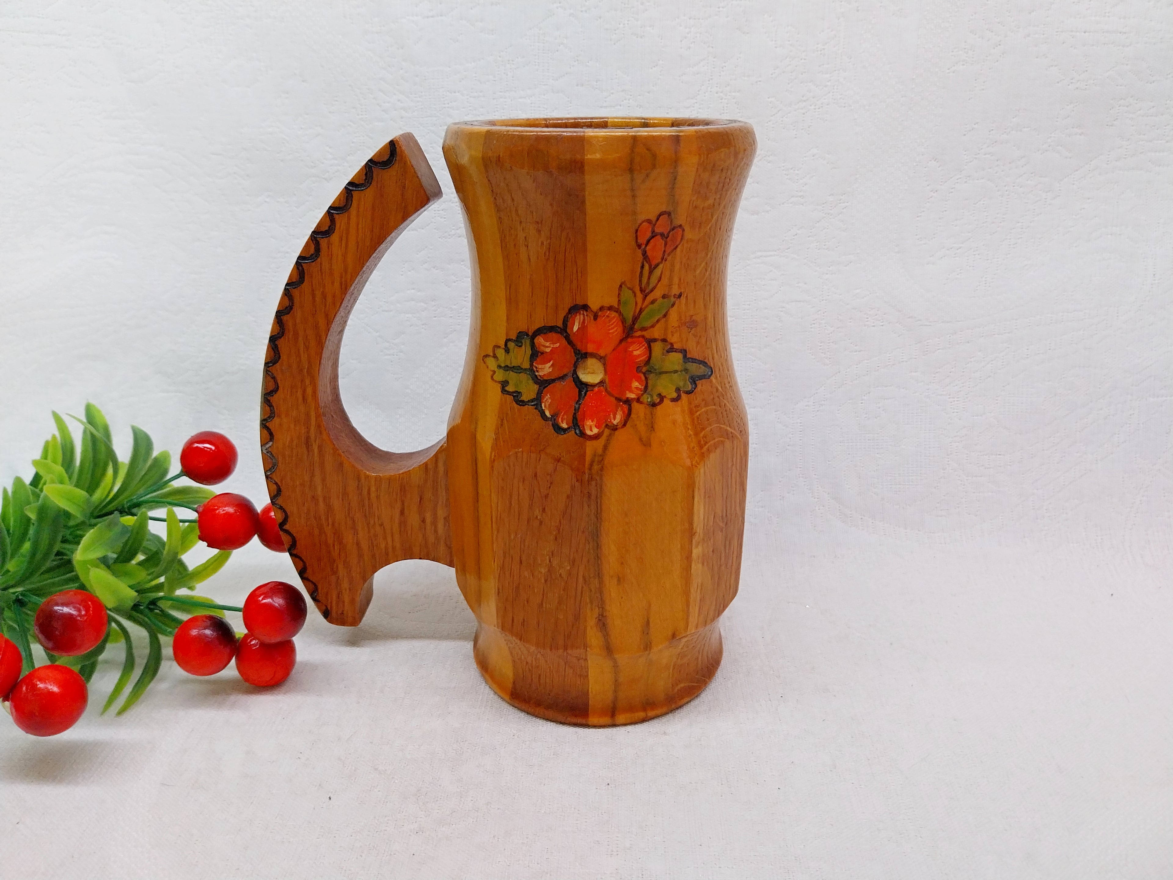 Vintage Handmade Wooden Beer Mug — Hand-painted Floral Folk Art