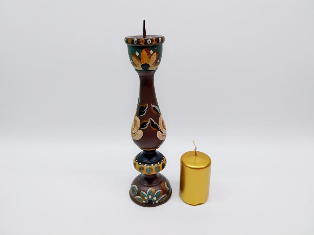 Vintage Hand-Painted Wooden Candlestick – German Folk Art