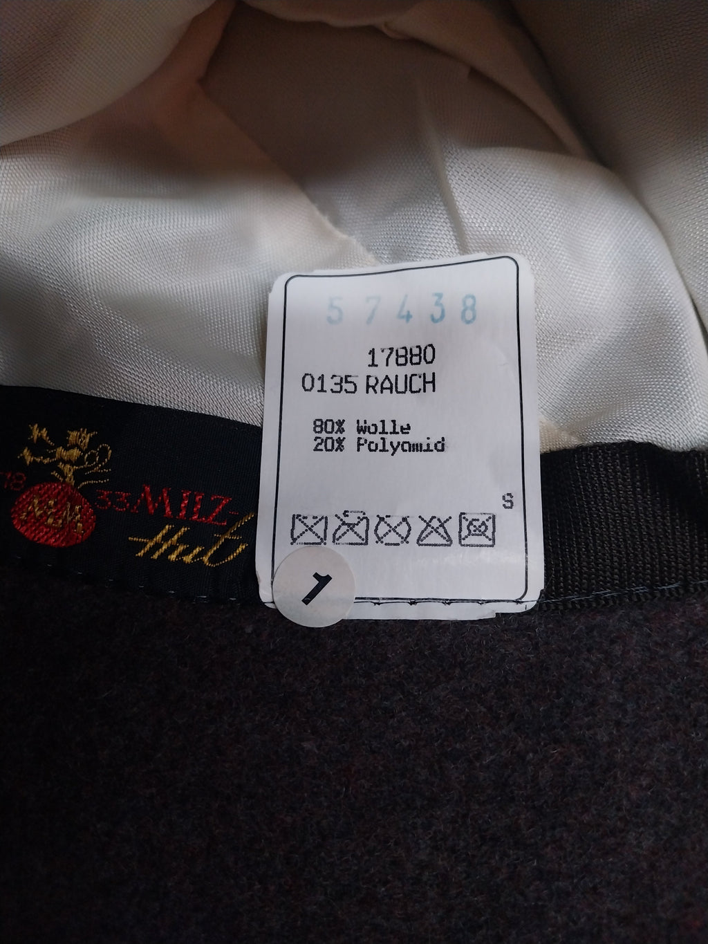 Mayser hat label showing 0135 Rauch, 80% Wolle 20% Polyamid, size S