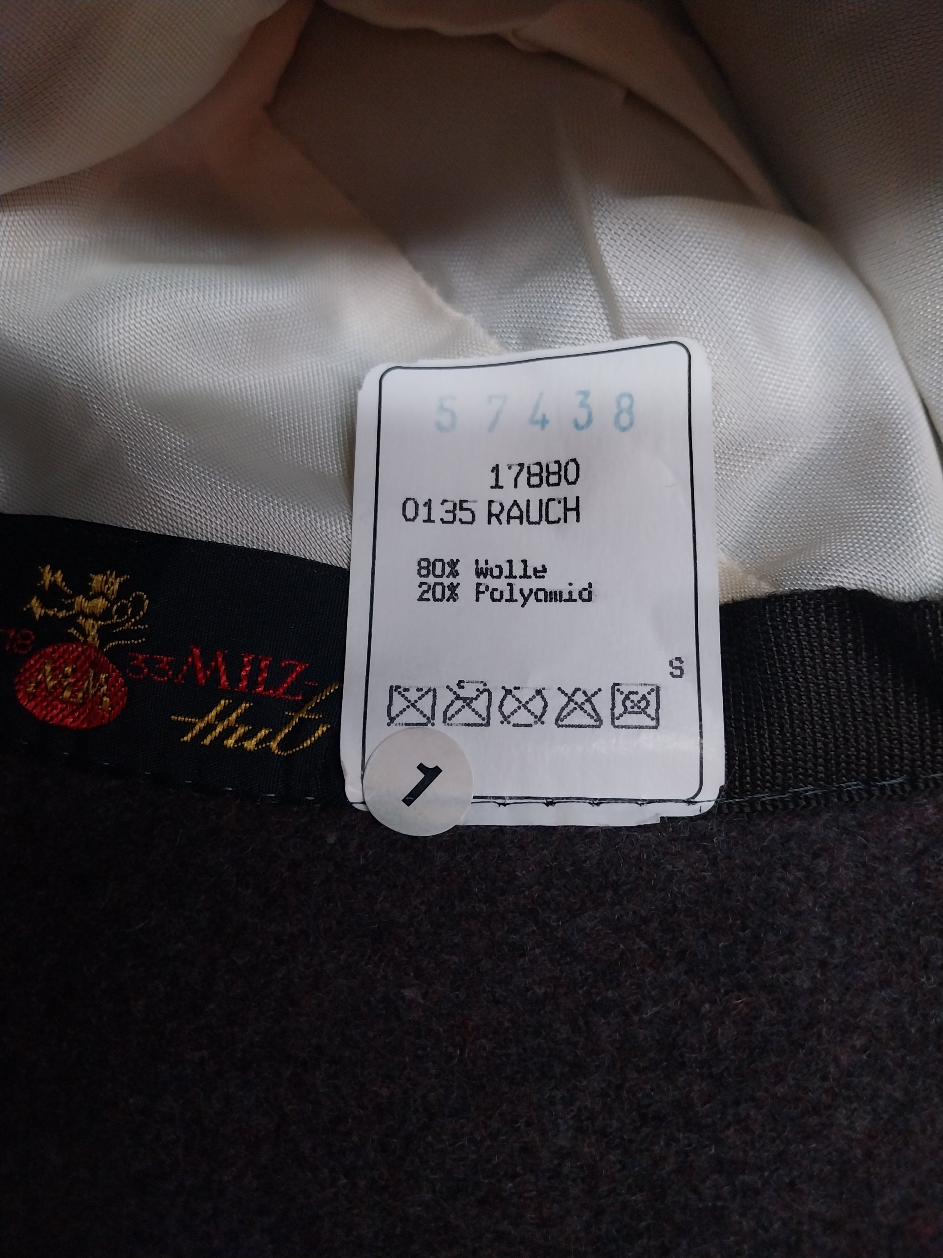 Mayser hat label showing 0135 Rauch, 80% Wolle 20% Polyamid, size S