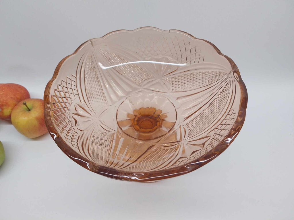 Vintage Pressed Glass Fruit Bowl — Peach Pink with Diamond Pattern