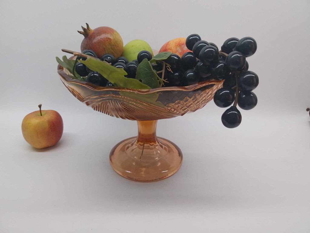 Vintage Pressed Glass Fruit Bowl — Peach Pink with Diamond Pattern