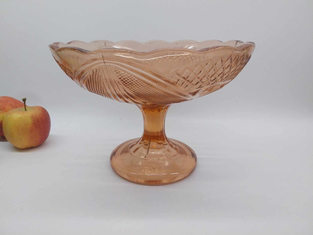 Vintage Pressed Glass Fruit Bowl — Peach Pink with Diamond Pattern