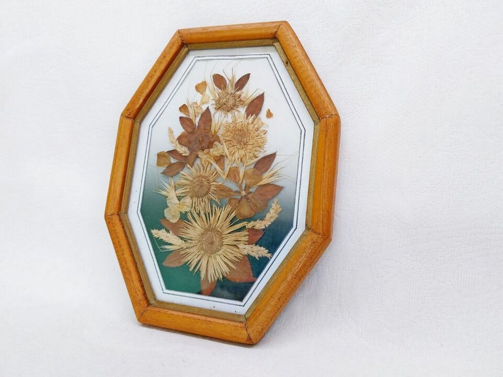 Vintage Bulgarian Pressed Flower Wall Art — Dried Flowers in Octagonal Wood Frame