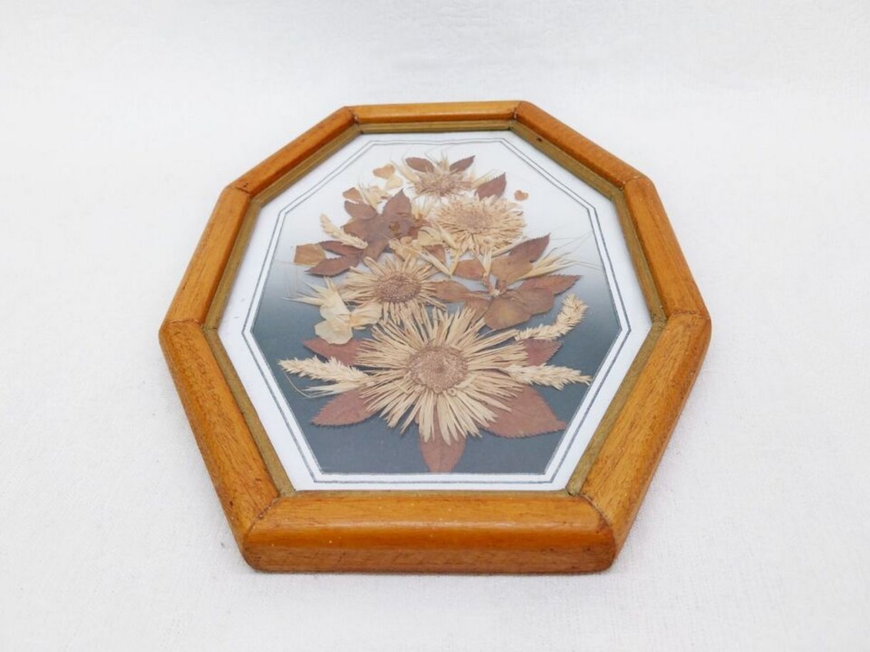 Vintage Bulgarian Pressed Flower Wall Art — Dried Flowers in Octagonal Wood Frame