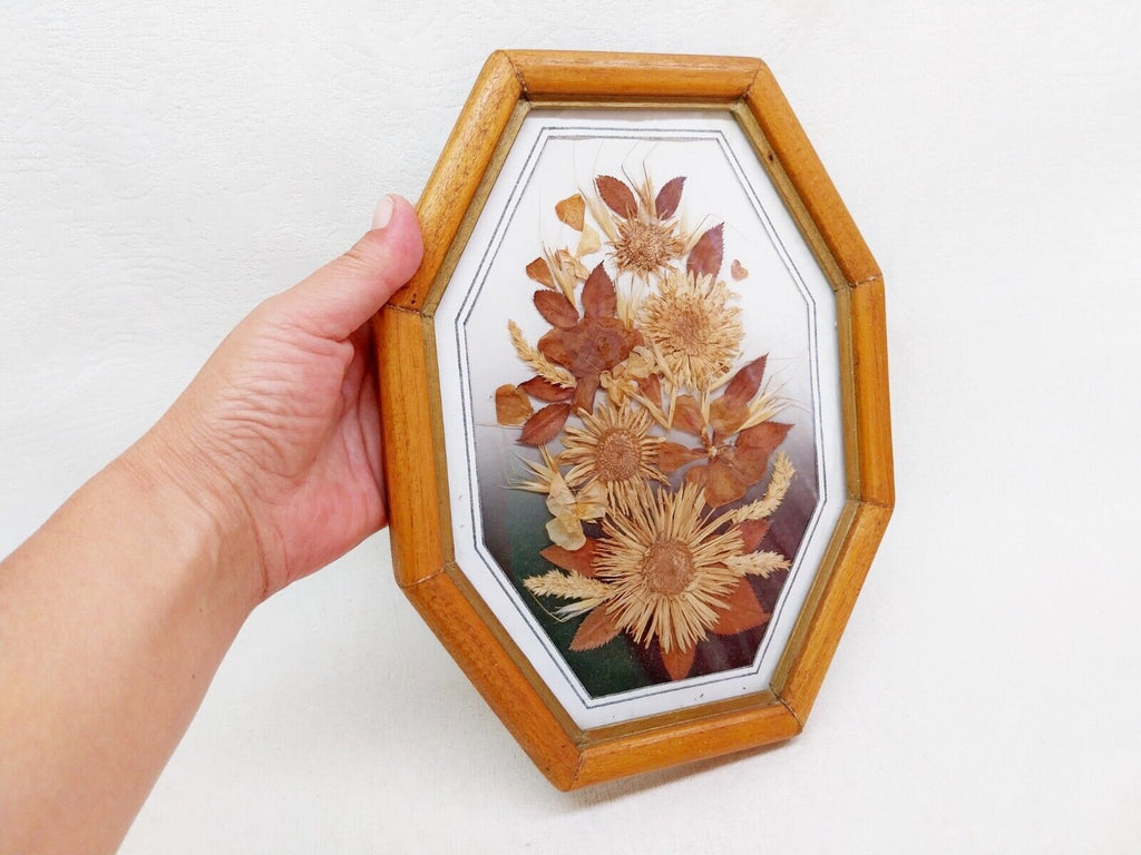 Vintage Bulgarian pressed flower wall art in octagonal wooden frame