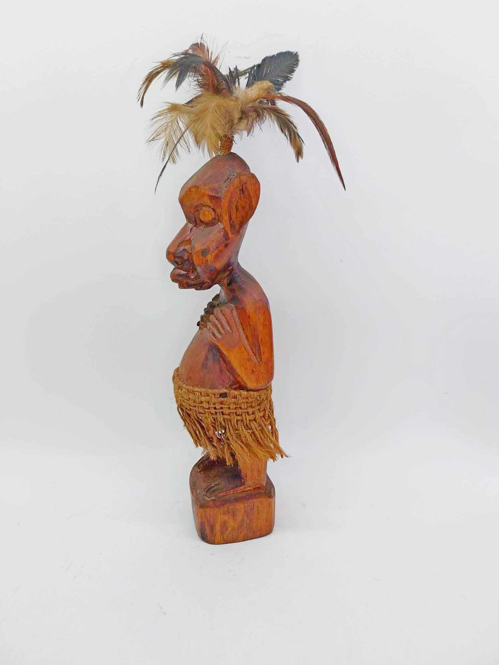 Vintage Tribal Hand Carved Wood Figure — Feather Headdress & Raffia Skirt