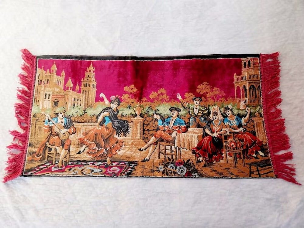 Italian Plush Wall Carpet with Spanish Flamenco Scene, Vintage Wall Rug