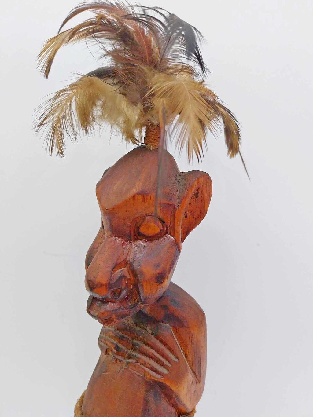 Vintage Tribal Hand Carved Wood Figure — Feather Headdress & Raffia Skirt