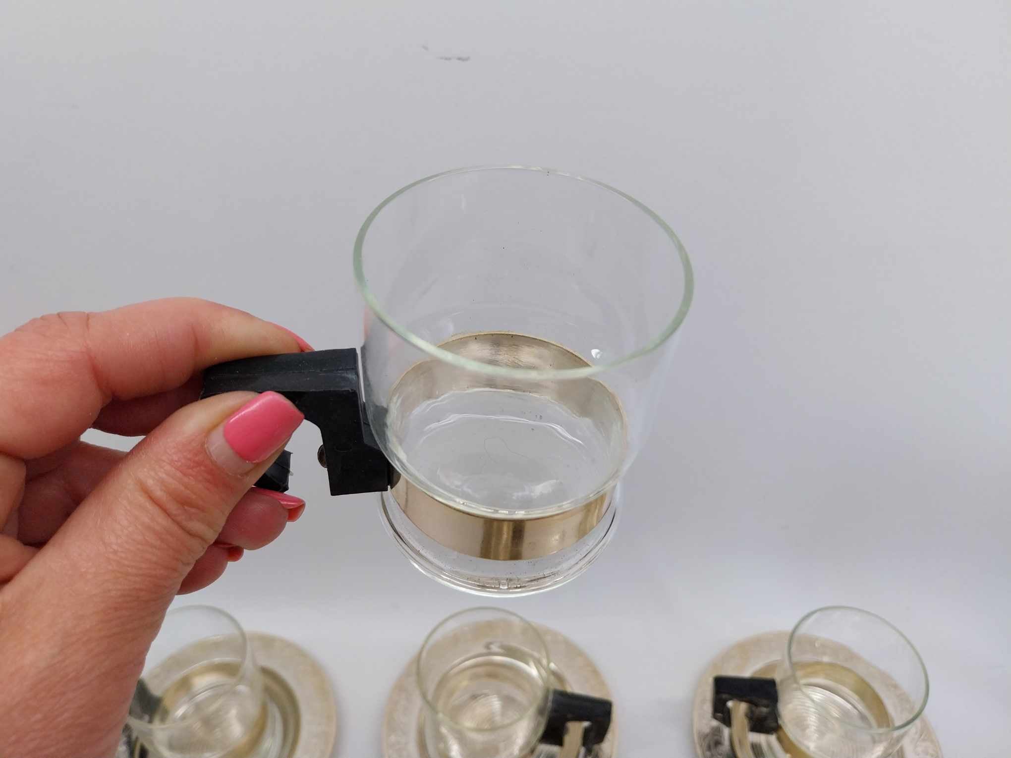 Set of 6 fireproof glass coffee cups and 6 aluminum saucers, from the USSR, 1980s