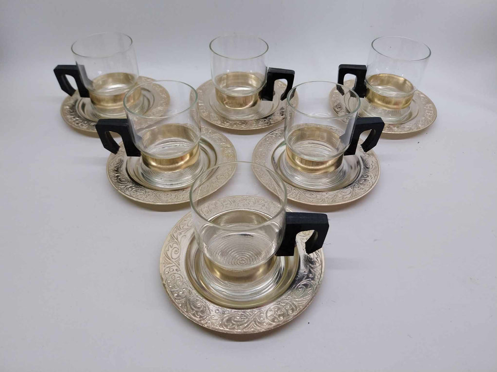 Set of 6 fireproof glass coffee cups and 6 aluminum saucers, from the USSR, 1980s