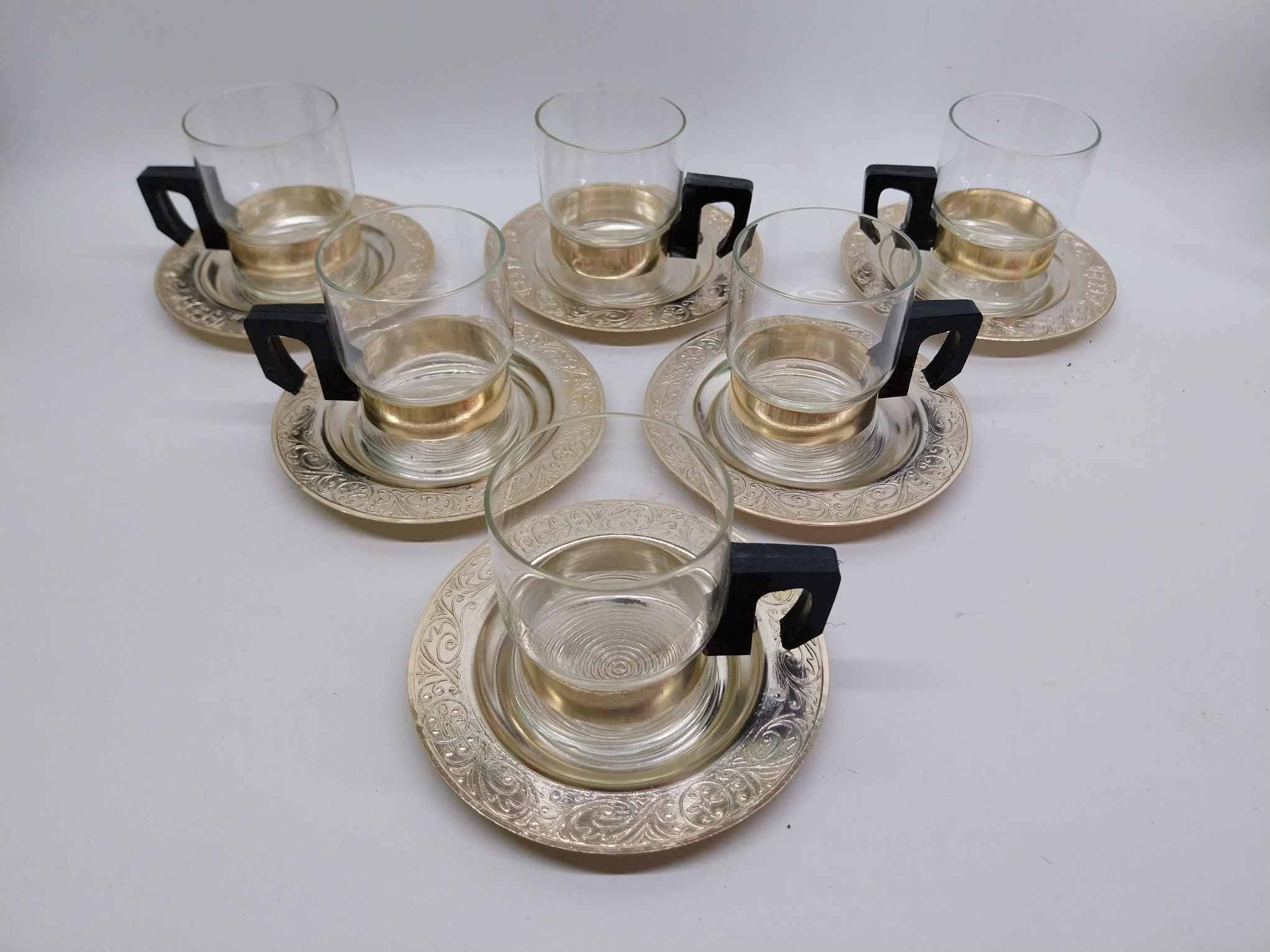 Set of 6 fireproof glass coffee cups and 6 aluminum saucers, from the USSR, 1980s