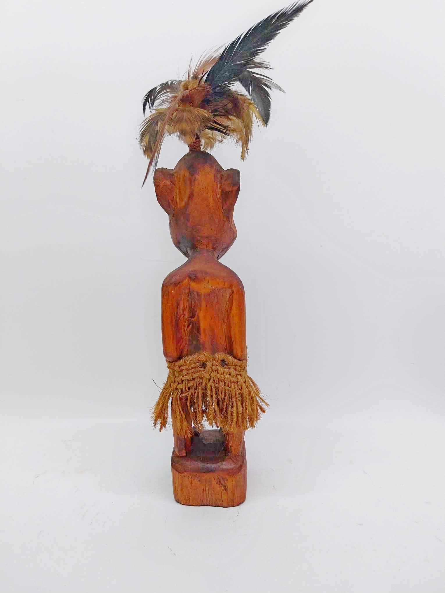 Vintage Tribal Hand Carved Wood Figure — Feather Headdress & Raffia Skirt