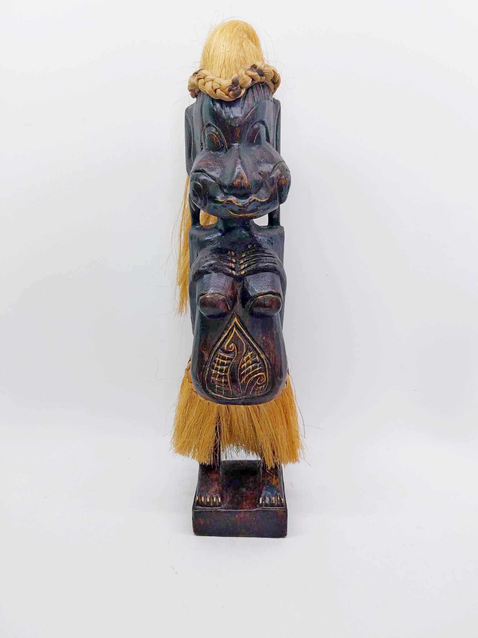 Vintage Tribal Carved Wood Figure — Melanesian Style with Raffia Hair & Skirt