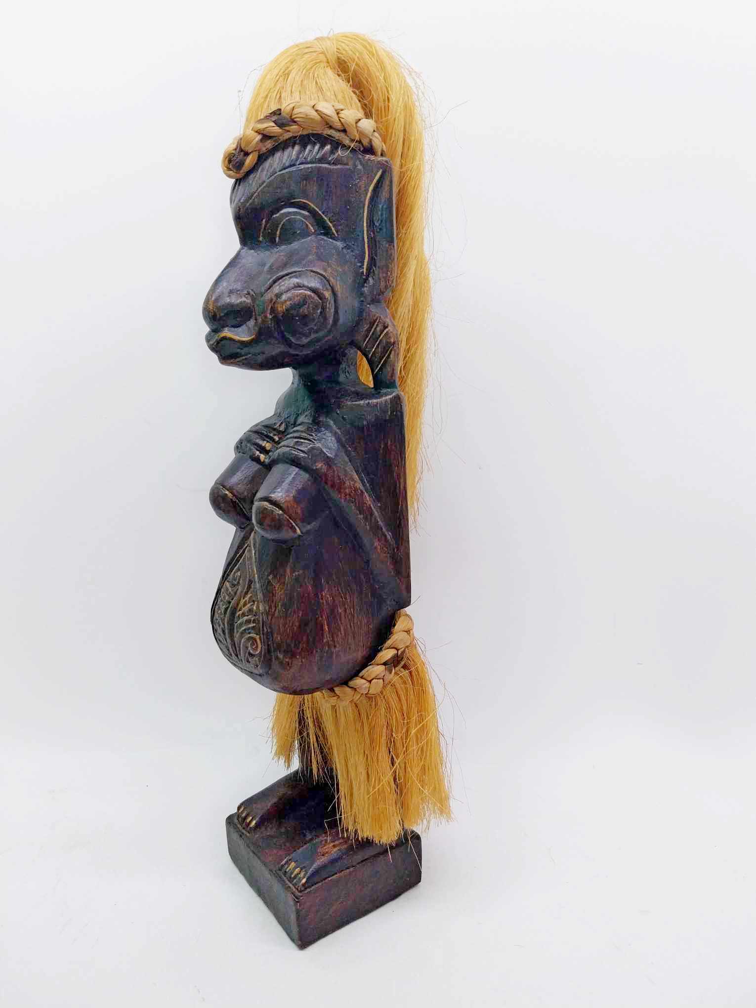 Vintage Tribal Carved Wood Figure — Melanesian Style with Raffia Hair & Skirt