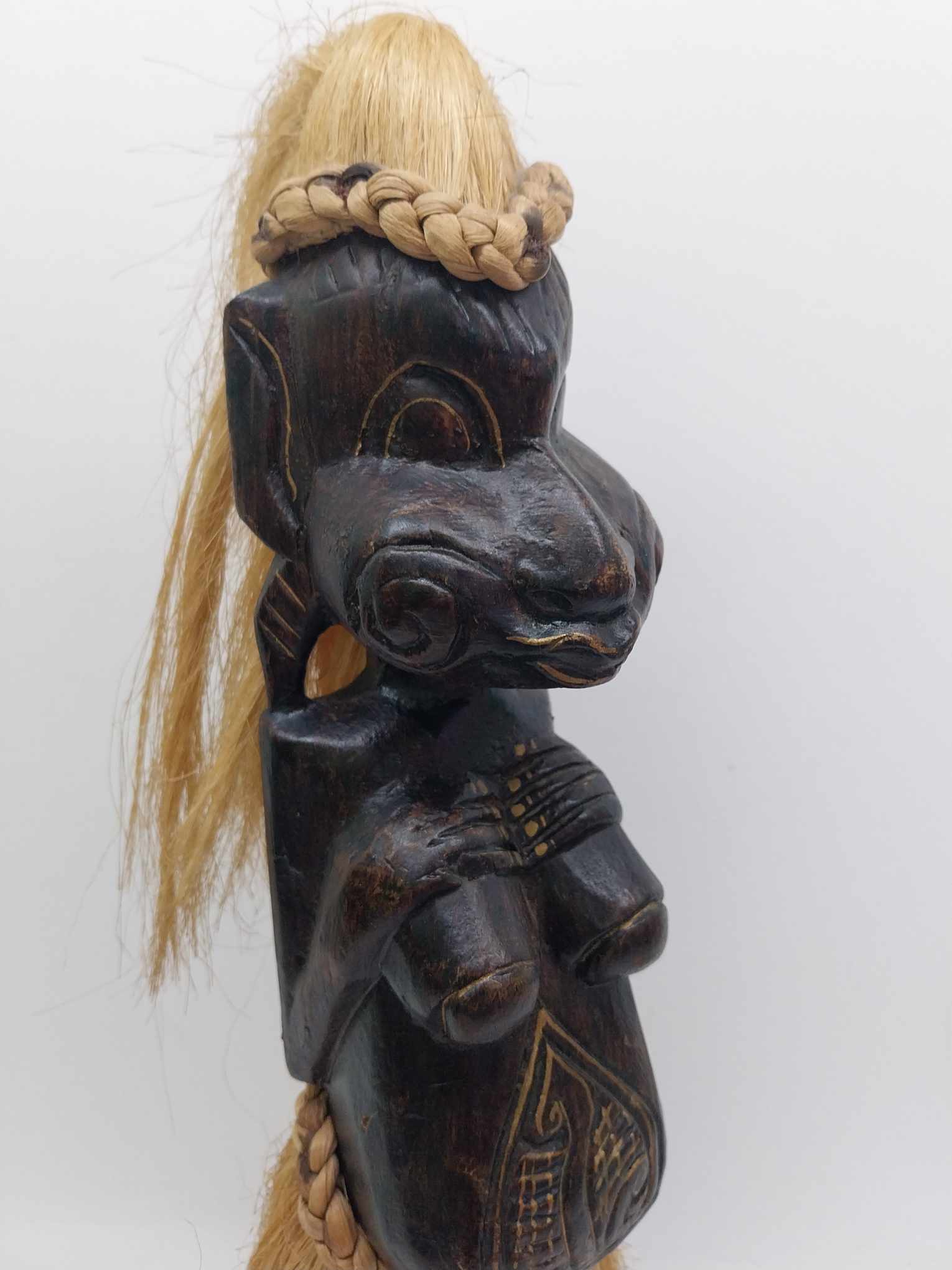 Vintage Tribal Carved Wood Figure — Melanesian Style with Raffia Hair & Skirt