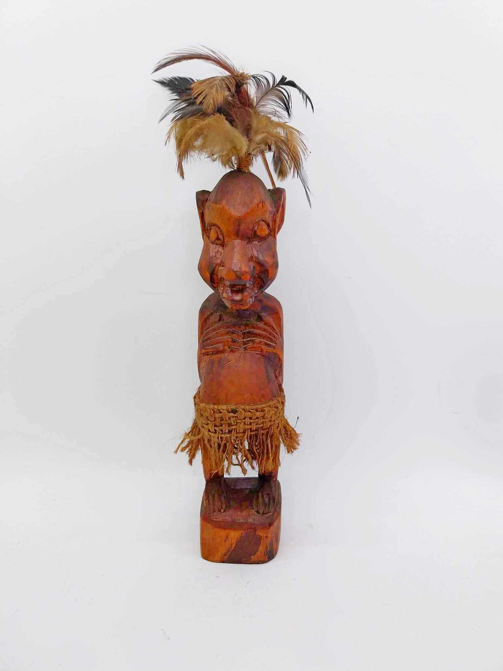 Vintage Tribal Hand Carved Wood Figure — Feather Headdress & Raffia Skirt