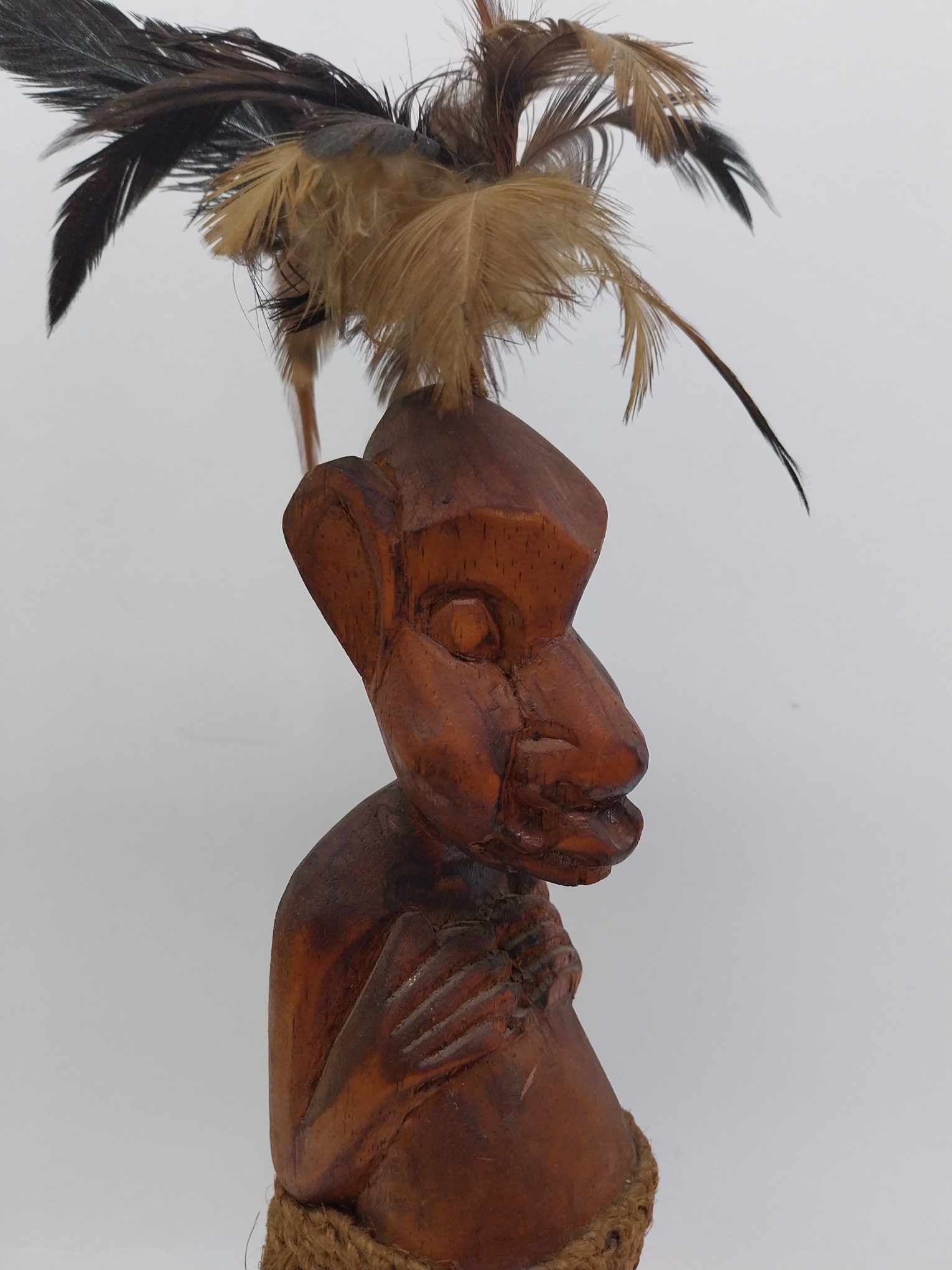 Vintage Tribal Hand Carved Wood Figure — Feather Headdress & Raffia Skirt