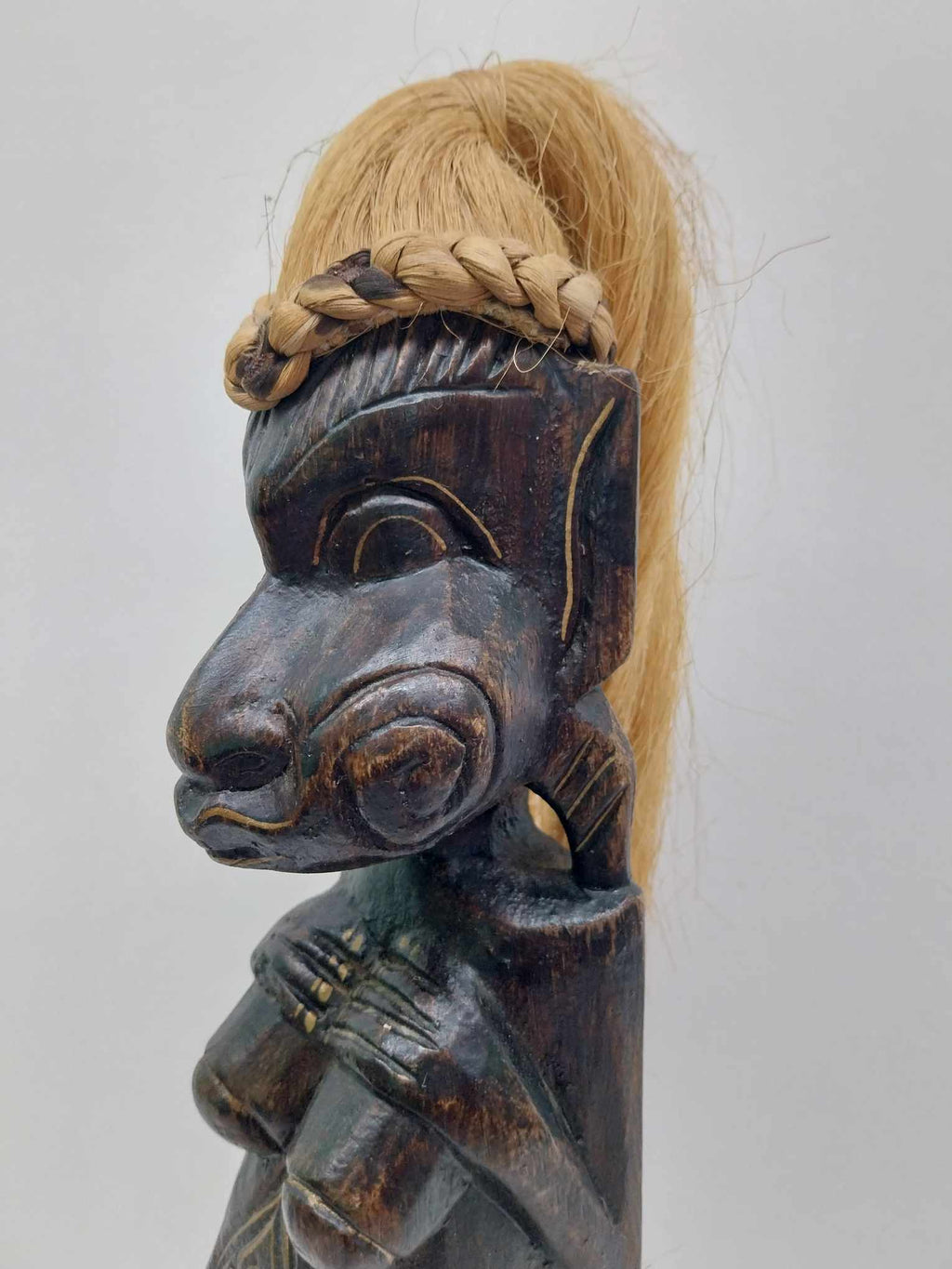Vintage Tribal Carved Wood Figure — Melanesian Style with Raffia Hair & Skirt