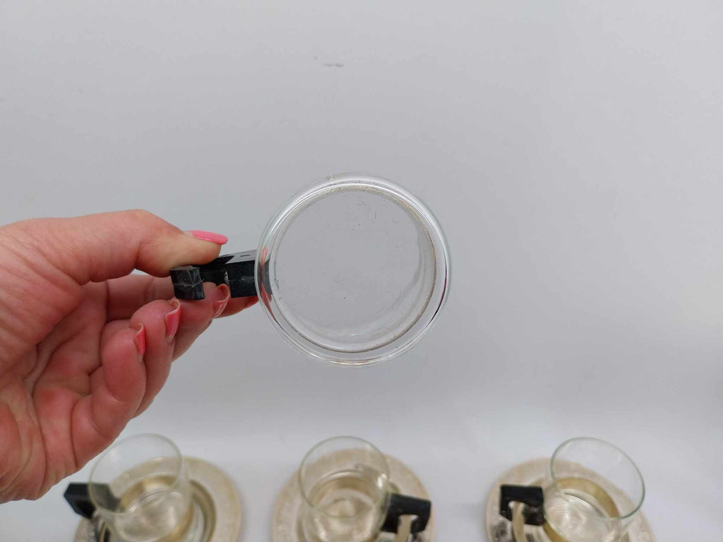 Set of 6 fireproof glass coffee cups and 6 aluminum saucers, from the USSR, 1980s