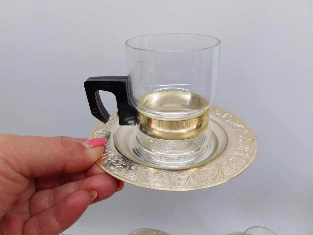 Set of 6 fireproof glass coffee cups and 6 aluminum saucers, from the USSR, 1980s