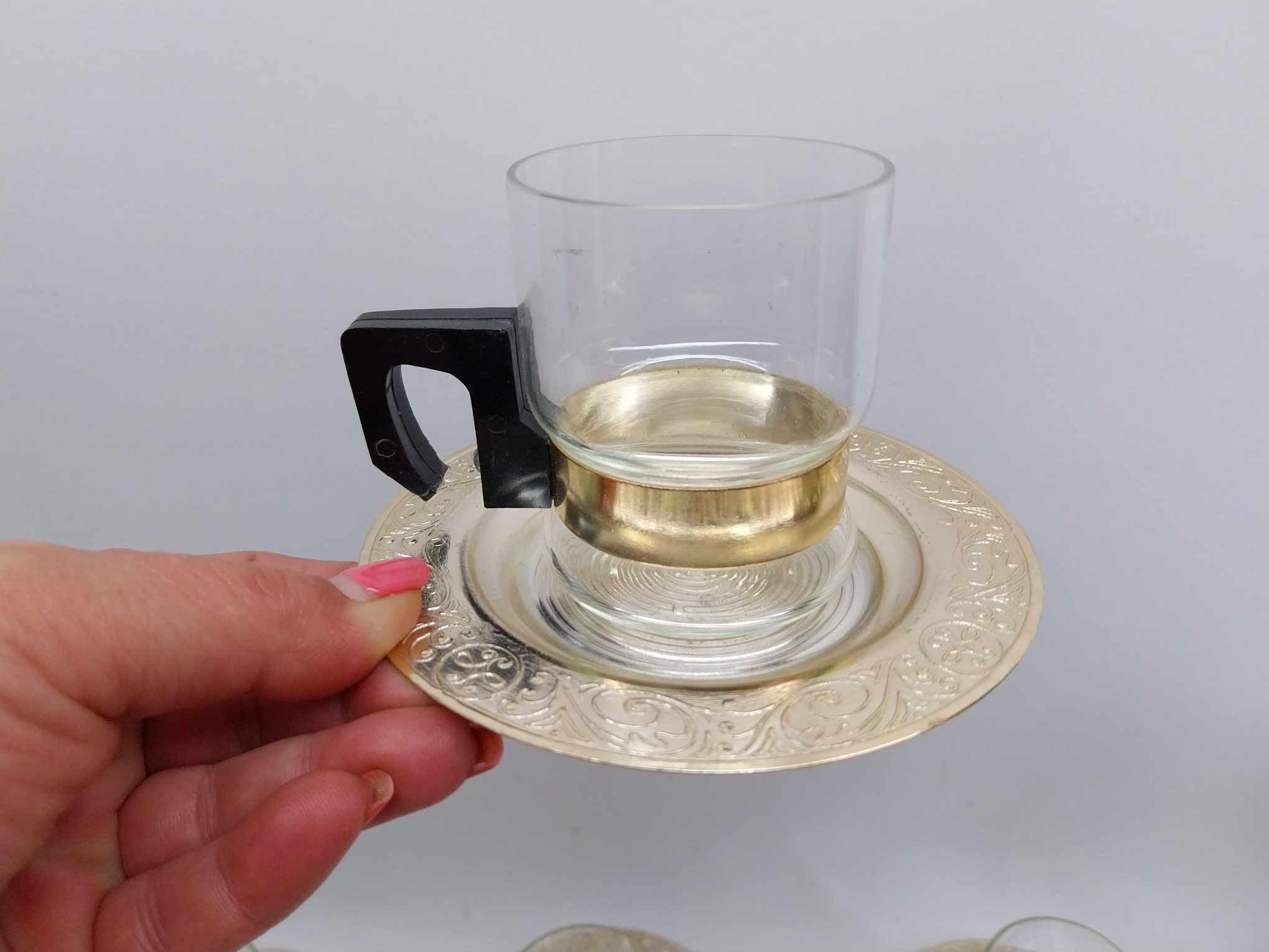 Set of 6 fireproof glass coffee cups and 6 aluminum saucers, from the USSR, 1980s