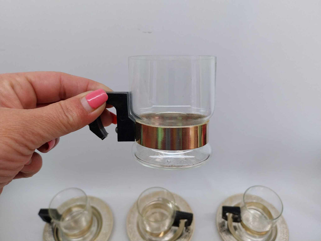 Set of 6 fireproof glass coffee cups and 6 aluminum saucers, from the USSR, 1980s