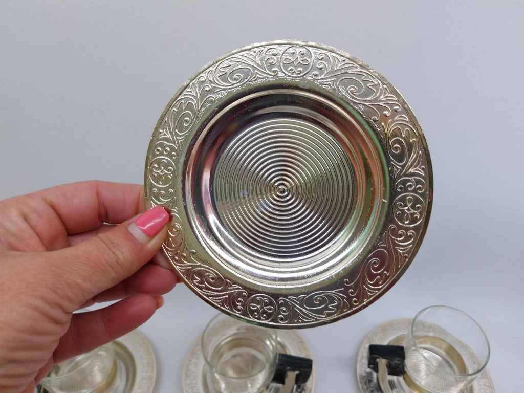 Set of 6 fireproof glass coffee cups and 6 aluminum saucers, from the USSR, 1980s