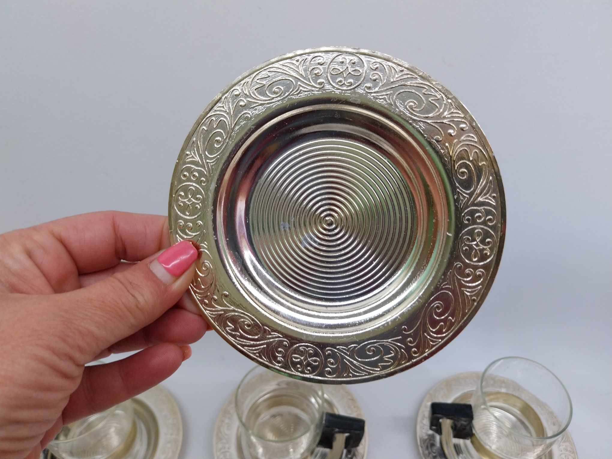 Set of 6 fireproof glass coffee cups and 6 aluminum saucers, from the USSR, 1980s