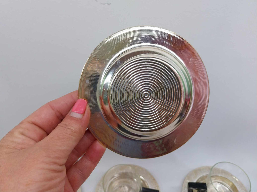 Set of 6 fireproof glass coffee cups and 6 aluminum saucers, from the USSR, 1980s