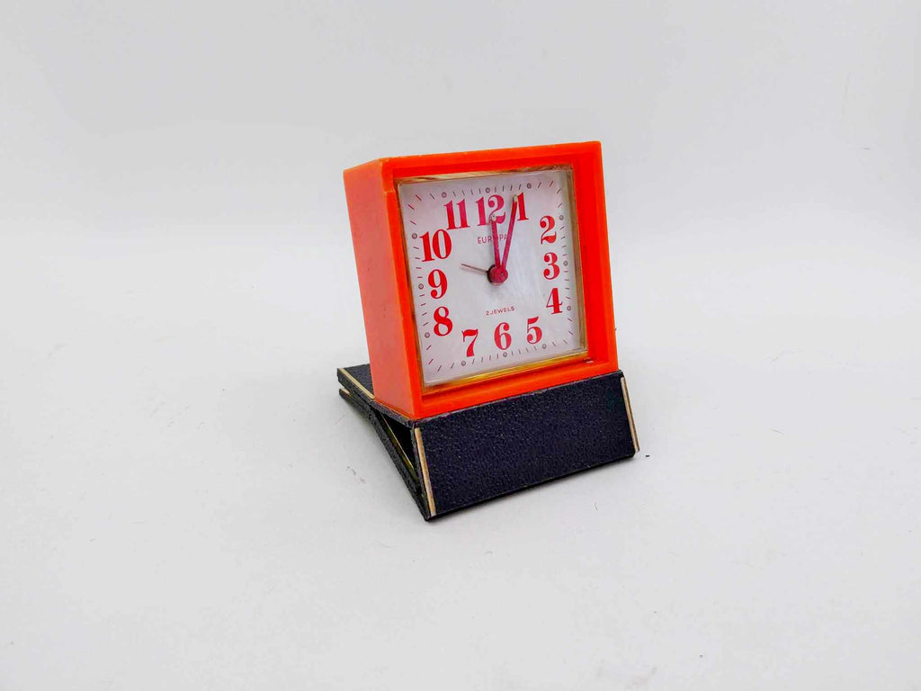 Vintage mechanical alarm clock EUROPA in folding case, German tourist alarm clock
