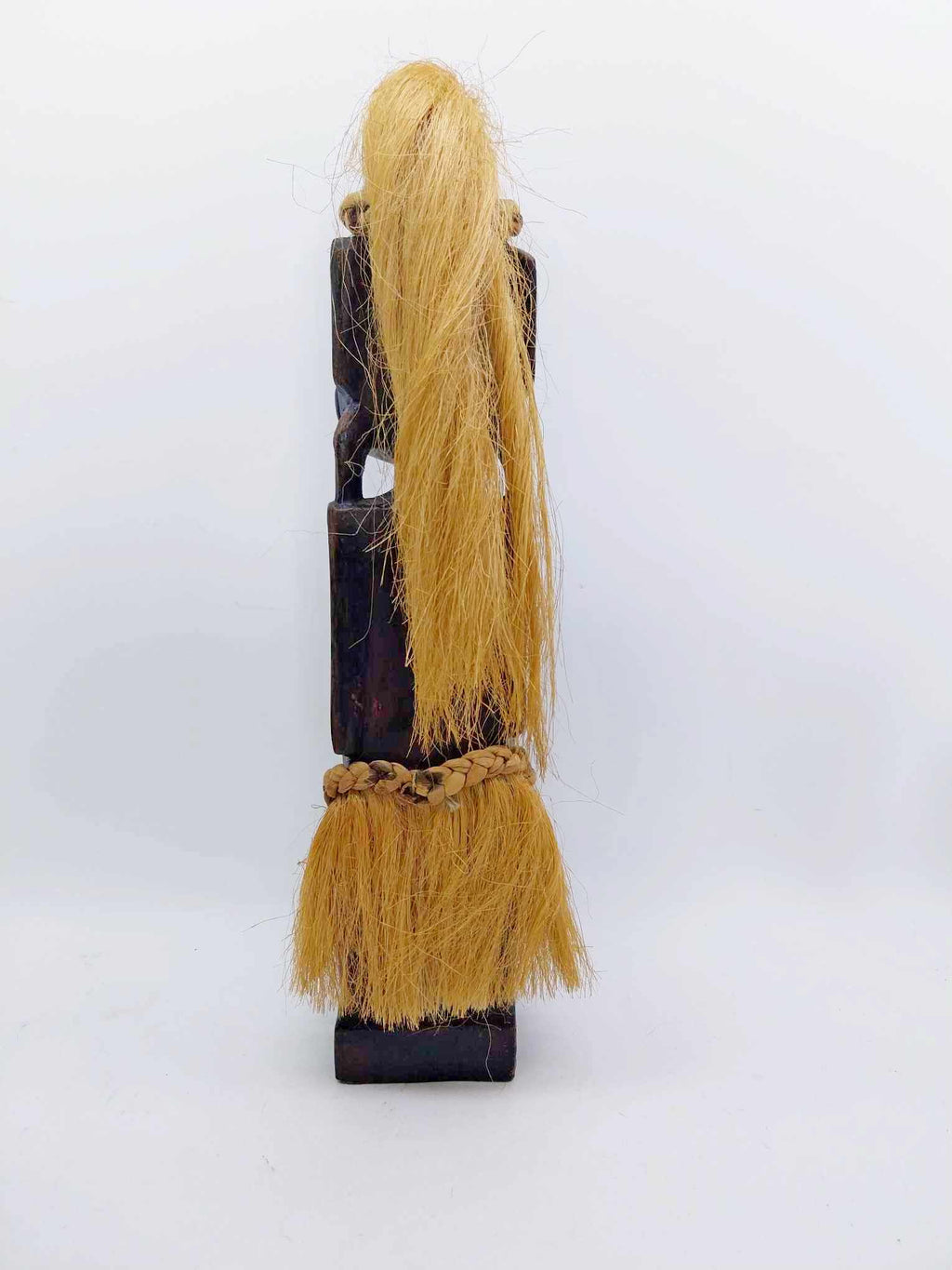 Vintage Tribal Carved Wood Figure — Melanesian Style with Raffia Hair & Skirt
