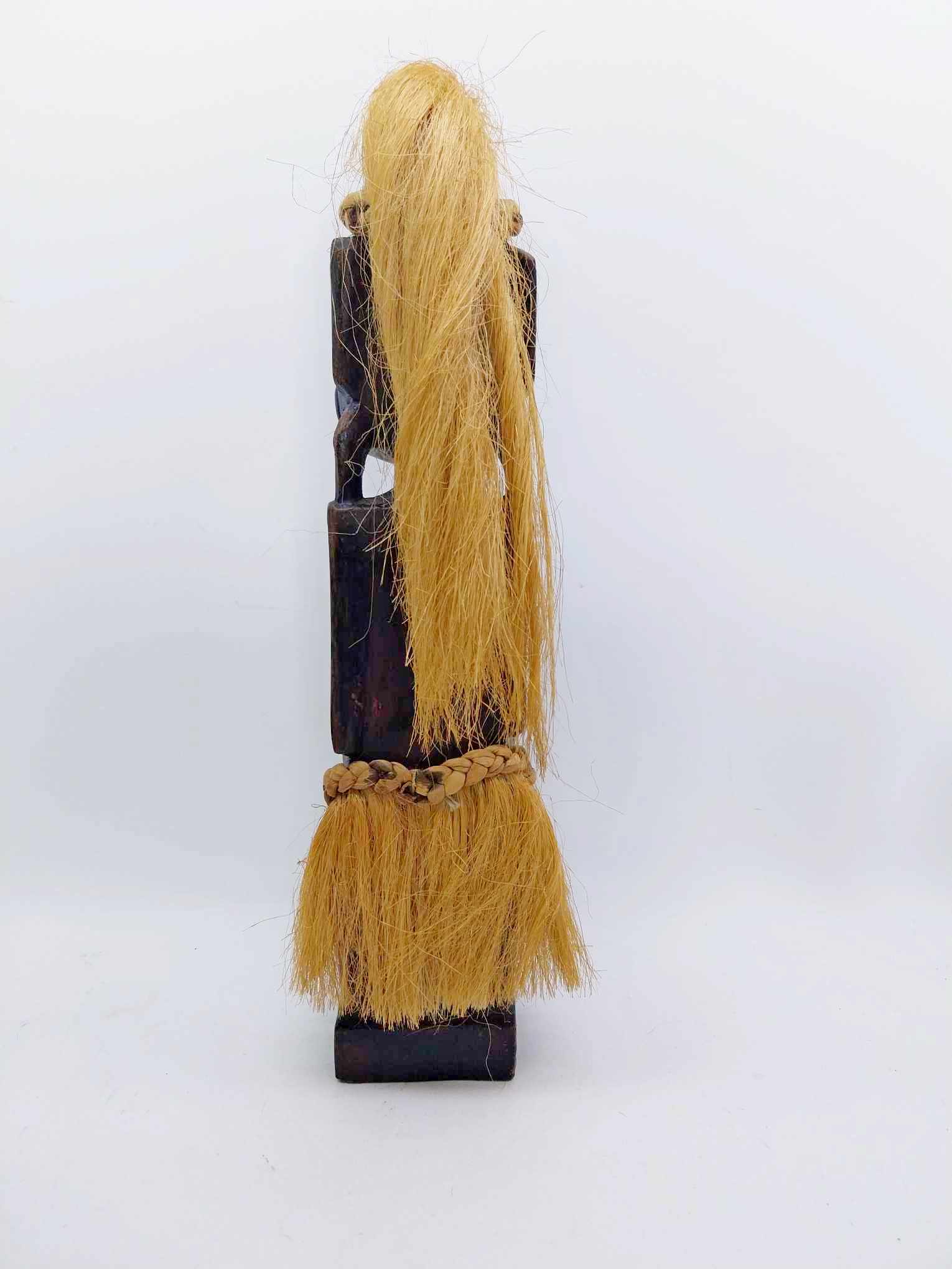 Vintage Tribal Carved Wood Figure — Melanesian Style with Raffia Hair & Skirt