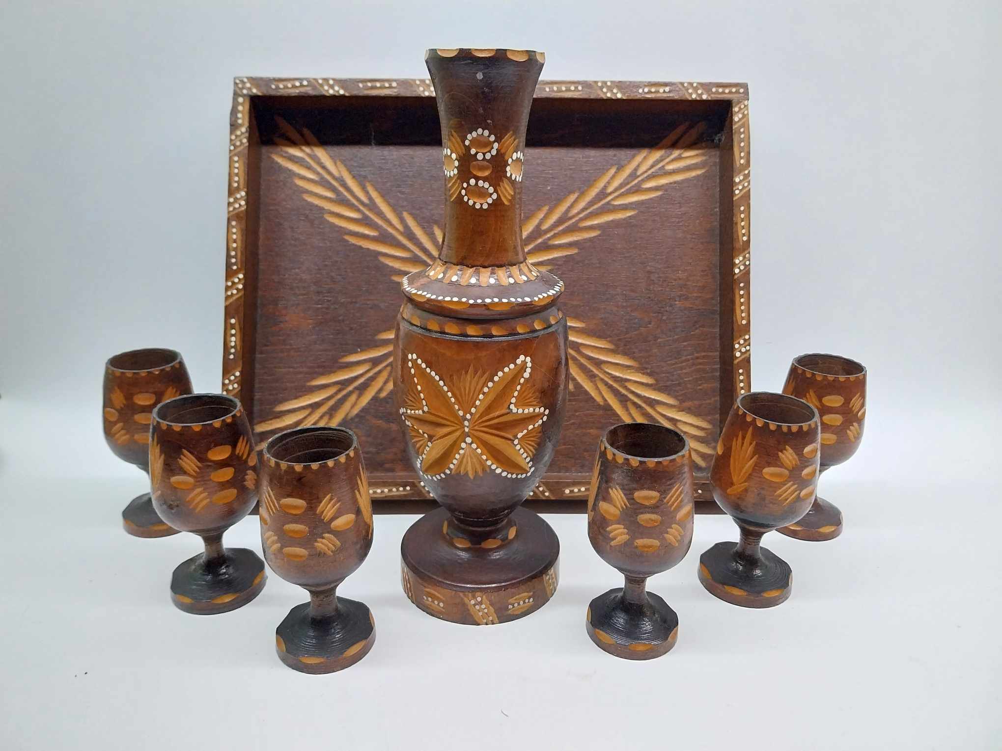 Vintage Hand-Carved Wooden Decorative Set — Tray, Decanter & 6 Goblets with Folk Motifs