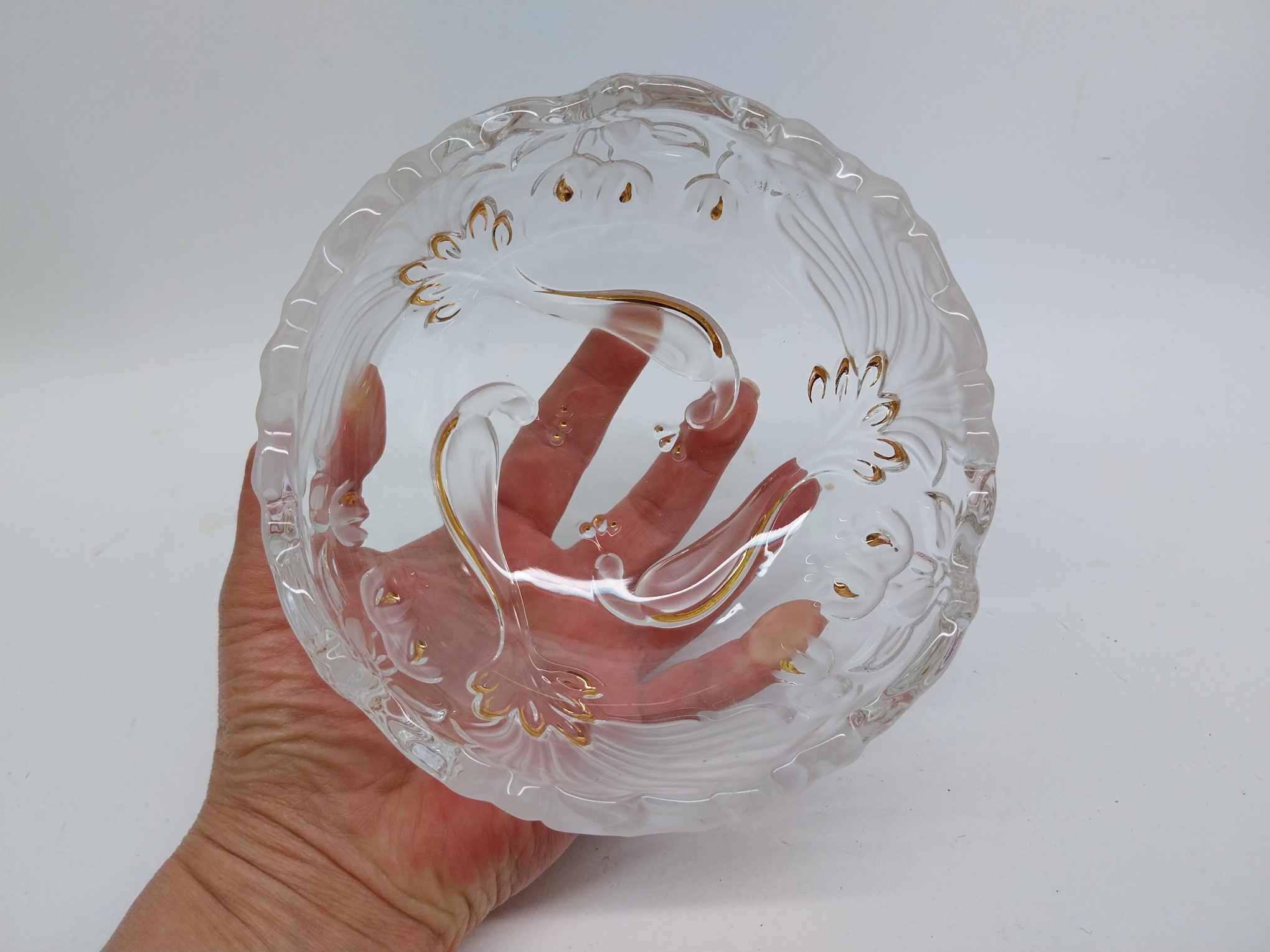 Rare vintage crystal bowl with peacocks and gold decoration