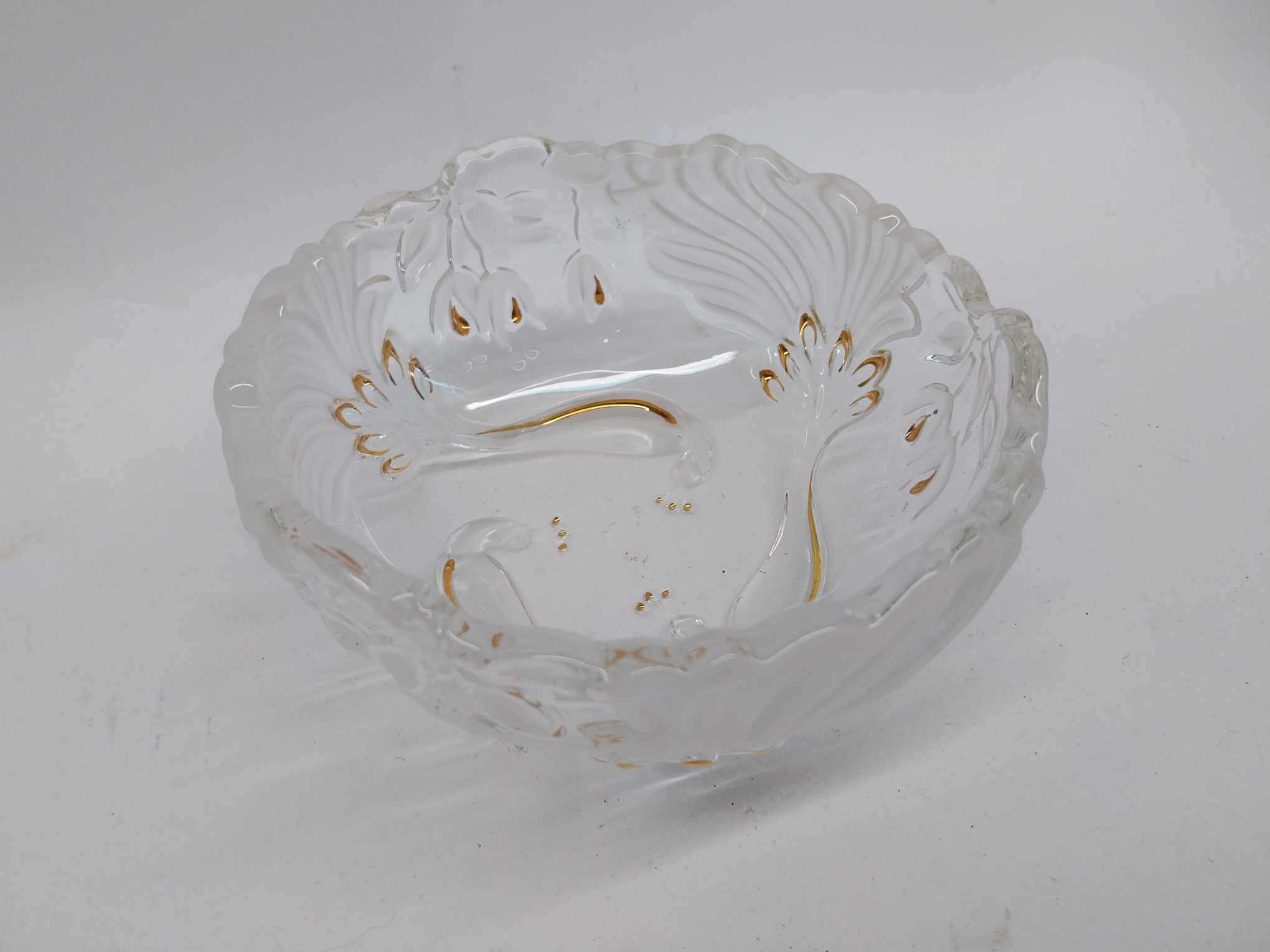 Rare vintage crystal bowl with peacocks and gold decoration