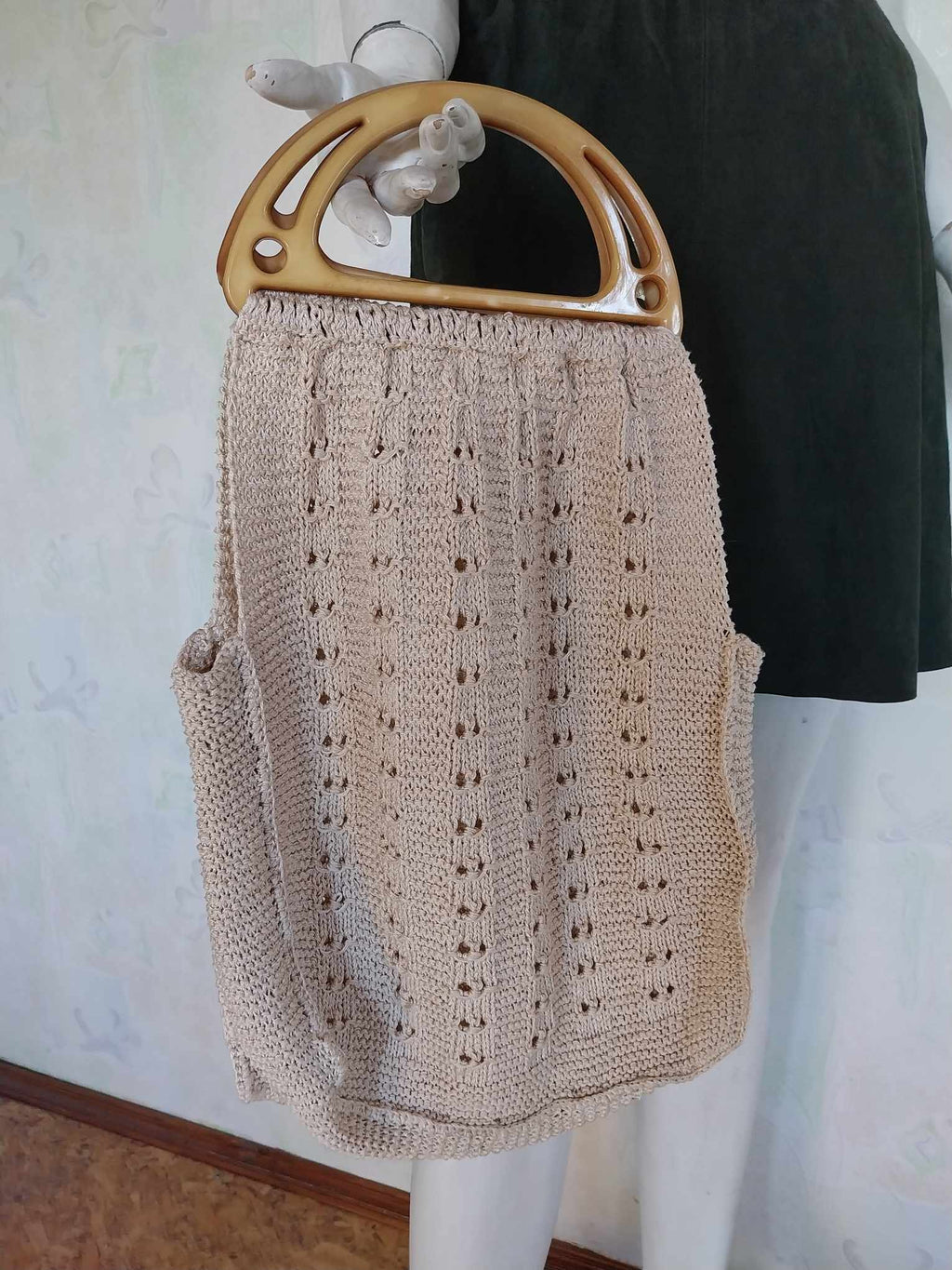 Handmade Cotton Knit Bag with Plastic Handles