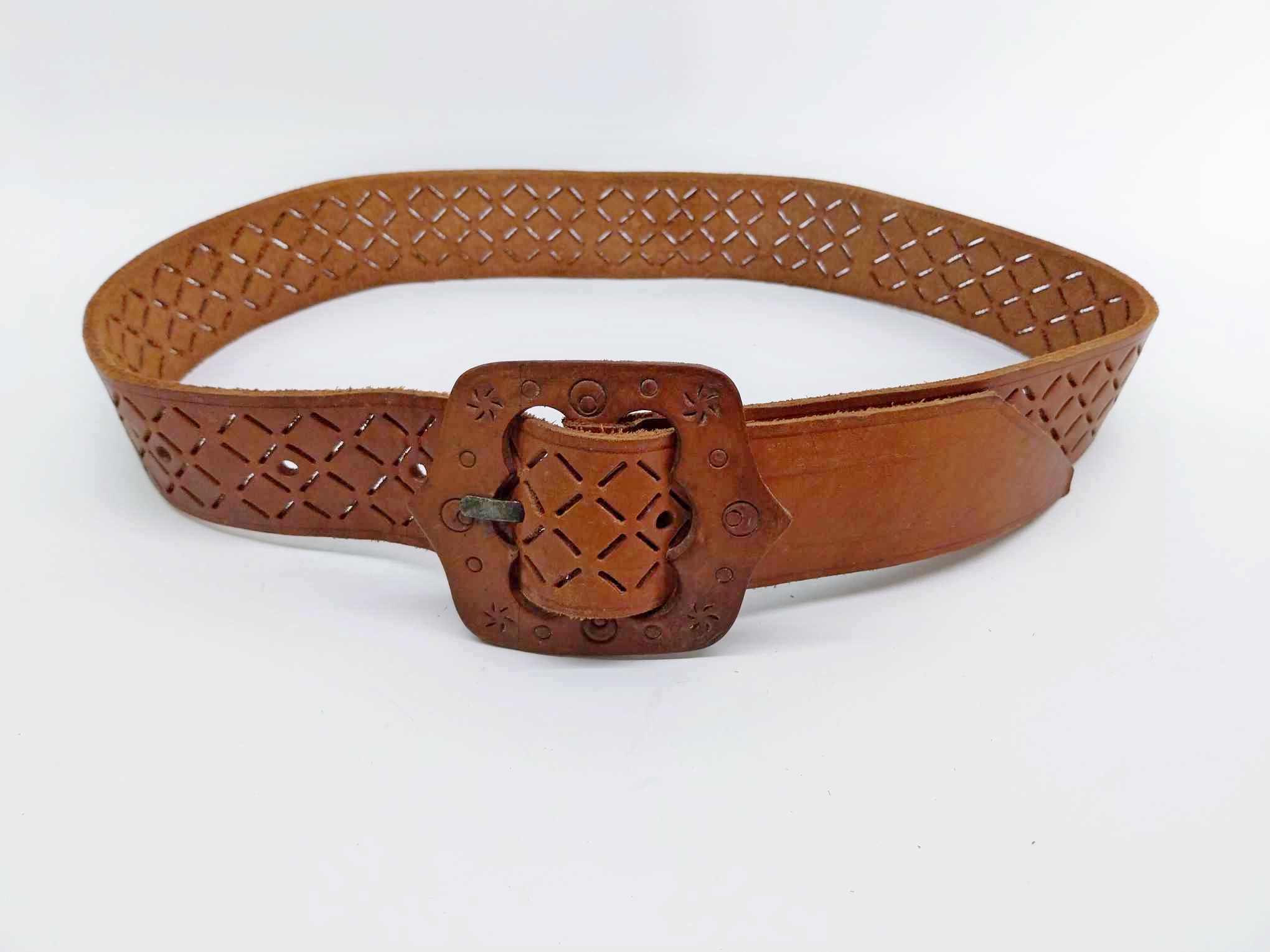 Vintage Tooled Leather Belt with Cutout Pattern and Leather Buckle