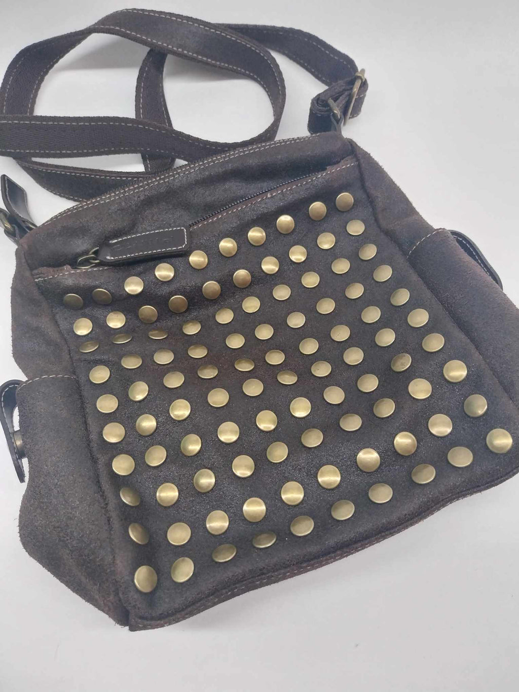 PINKO Studded Suede Crossbody Bag — Dark Brown with Bronze Studs & Red Interior