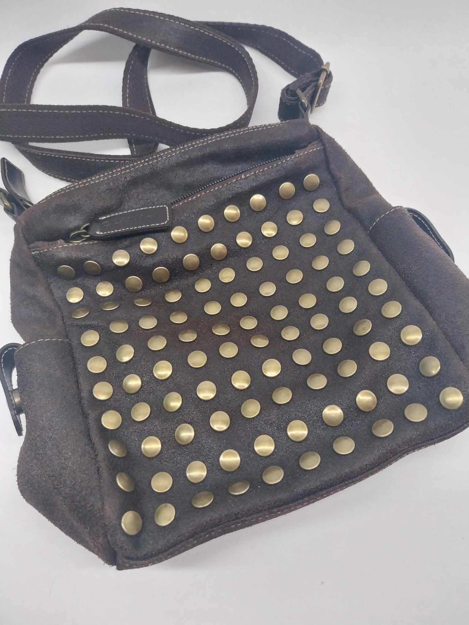 PINKO Studded Suede Crossbody Bag — Dark Brown with Bronze Studs & Red Interior