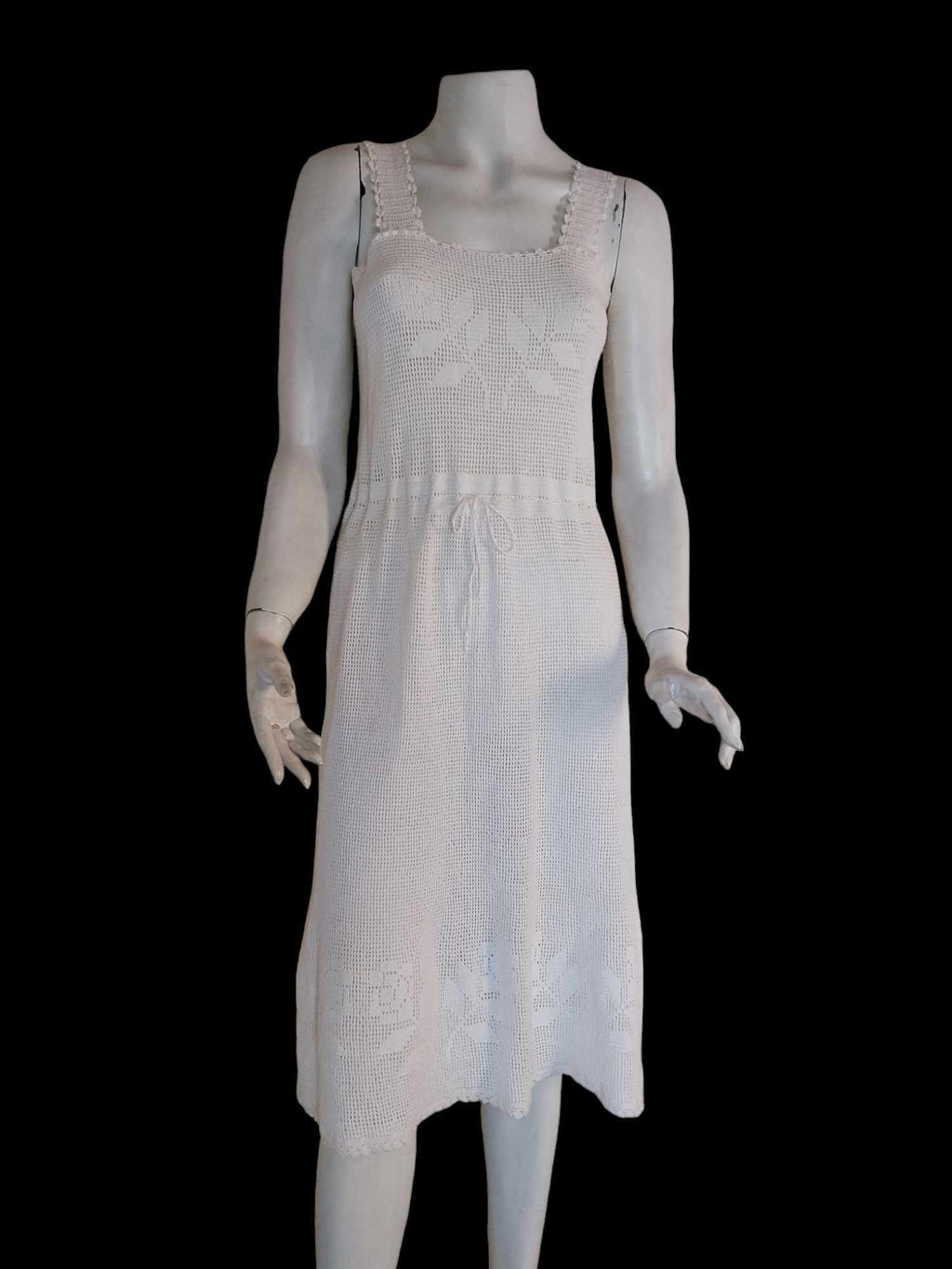 Vintage Hand-Crocheted Dress & Cardigan Set – Cream White Open Weave